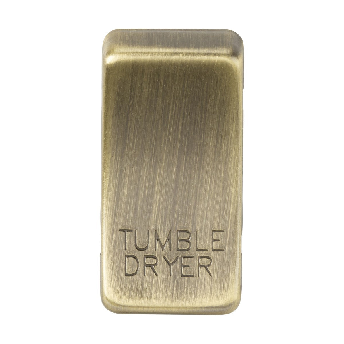 A rectangular switch cover made with ABS construction and a brushed gold finish, featuring the words "TUMBLE DRYER" embossed on its surface. This piece showcases curved edges and exudes elegance reminiscent of antique brass décor.