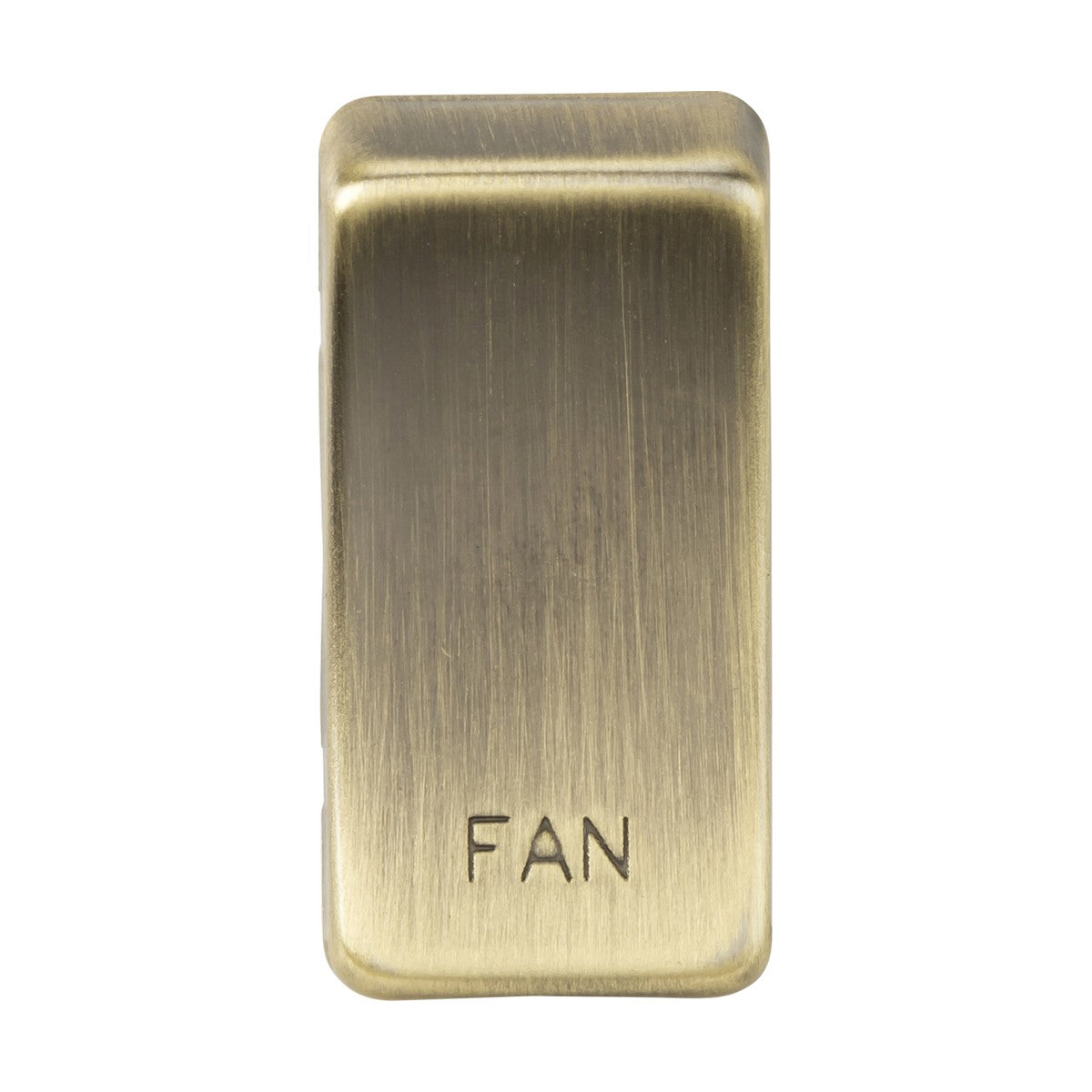 The Switch Cover "Marked FAN" - Antique Brass has a smooth, brushed texture and is engraved with the word FAN in capital letters at the bottom. It features soft, rounded corners, a minimalist design, and is crafted from durable ABS construction.