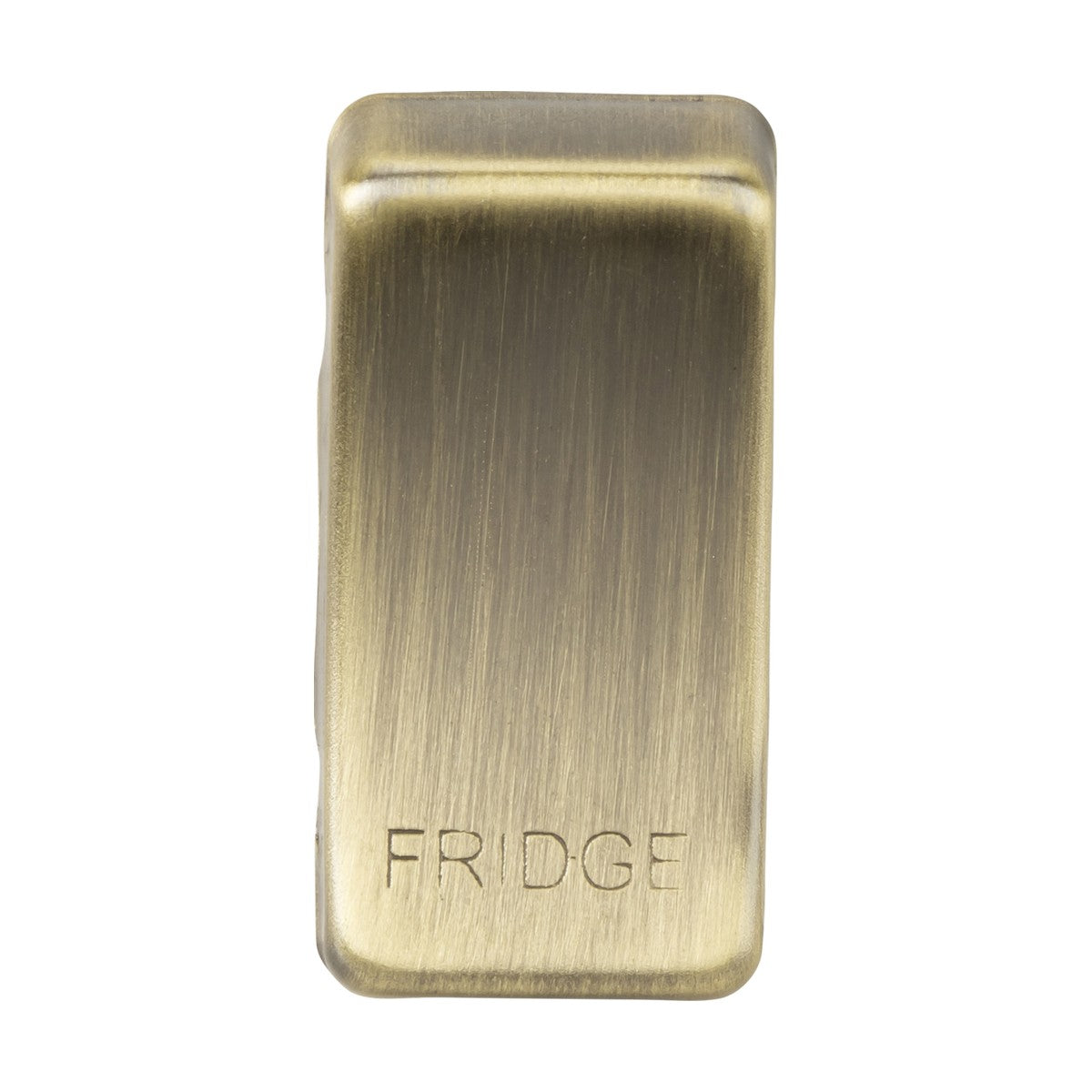An antique brass-colored magnet clip with a rectangular design features the word "FRIDGE" engraved on it, offering a brushed texture that blends classic charm with modern functionality.