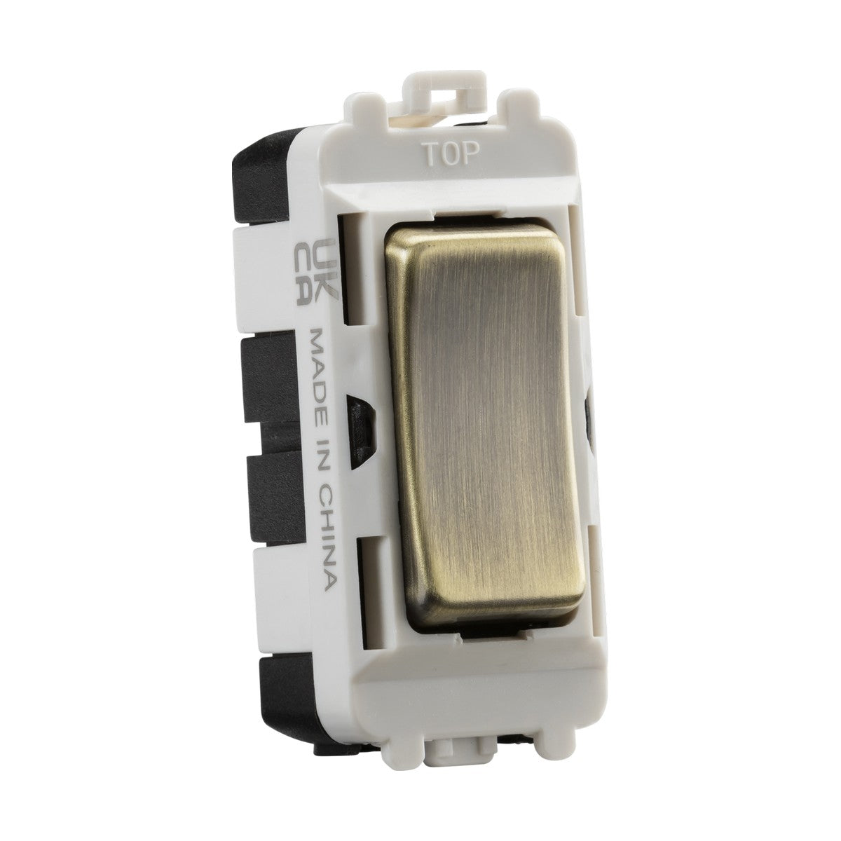 The 20AX 2 Way SP Module (Centre Off) in Antique Brass includes a rectangular rocker design set within a white and black casing. The casing is marked with "Made in China" and "TOP," and it is compatible with the Knightsbridge Grid system for dual circuit control.