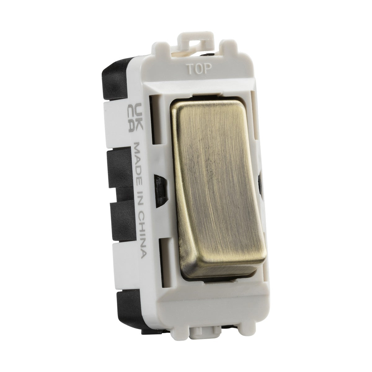 The 20AX Intermediate Module in Antique Brass, featuring black and white housing with the Knightsbridge Grid system, is displayed with markings of TOP, UKCA, and MADE IN CHINA. This switch blends elegance with functionality.