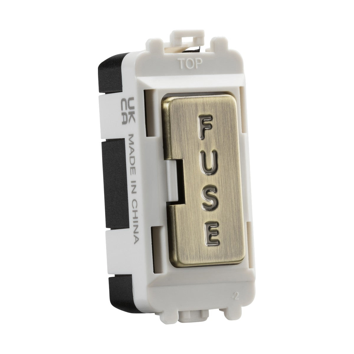 A close-up of a 13A Fused Module in antique brass, featuring raised letters spelling FUSE and exuding vintage charm. The white plastic casing is marked with TOP and MADE IN CHINA on the side, along with the UK's CE safety marking on the left, suggesting reliable appliance protection circuits.