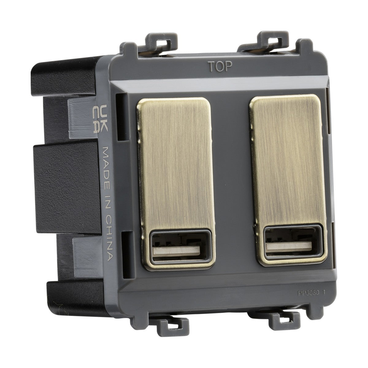 Dual USB charger module (2 x grid positions) 5V 2.4A (shared) - antique brass