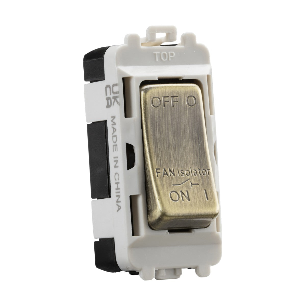 A close-up of the 10A Fan Isolator Module in an antique brass finish showcases its clearly labeled ON and OFF positions, securely housed within a white plastic frame. The words "FAN isolator" are engraved on this triple pole switch, effortlessly blending functionality with style in any setting.