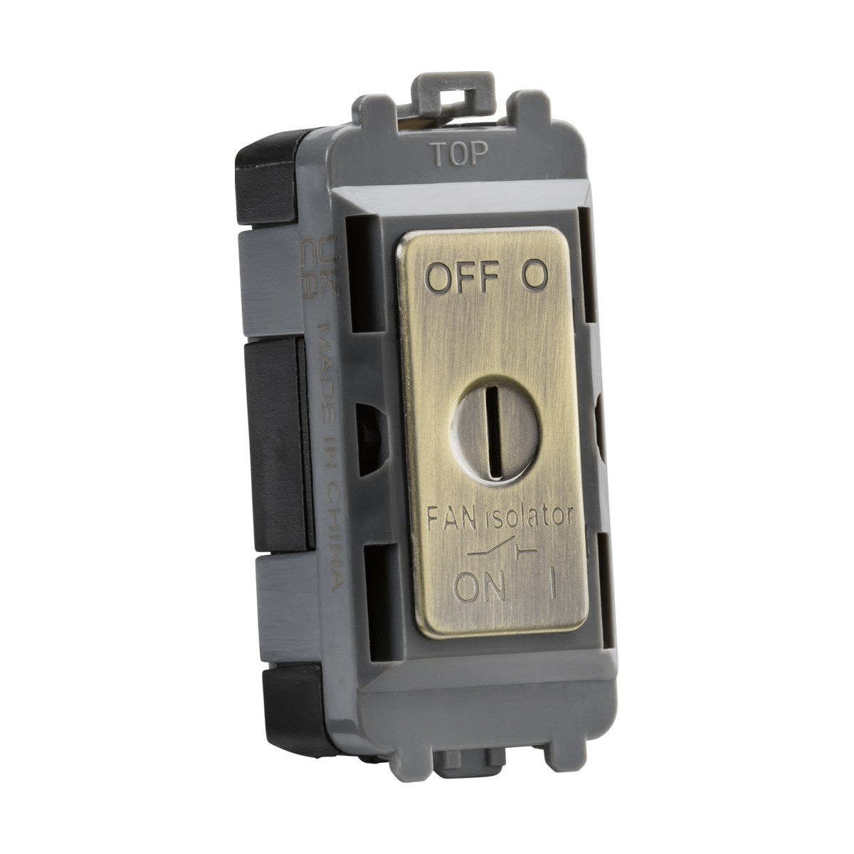 The 10A Fan Isolator Key Switch Module in antique brass is marked with OFF and ON positions and has a central toggle switch. It is set in a gray plastic frame with orientation marks at the top, and "FAN Isolator" clearly printed at the bottom for easy identification.
