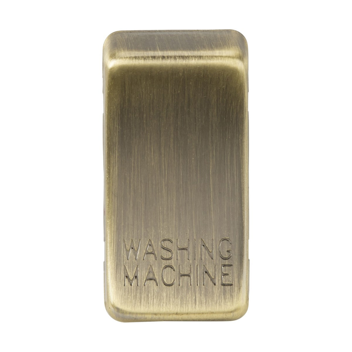 A rectangular metal switch cover, finished in antique brass and engraved with the words "WASHING MACHINE" on the front, crafted using durable ABS construction.