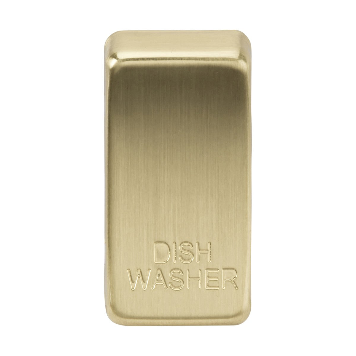 A brushed brass-toned rectangular magnet engraved with "DISHWASHER.