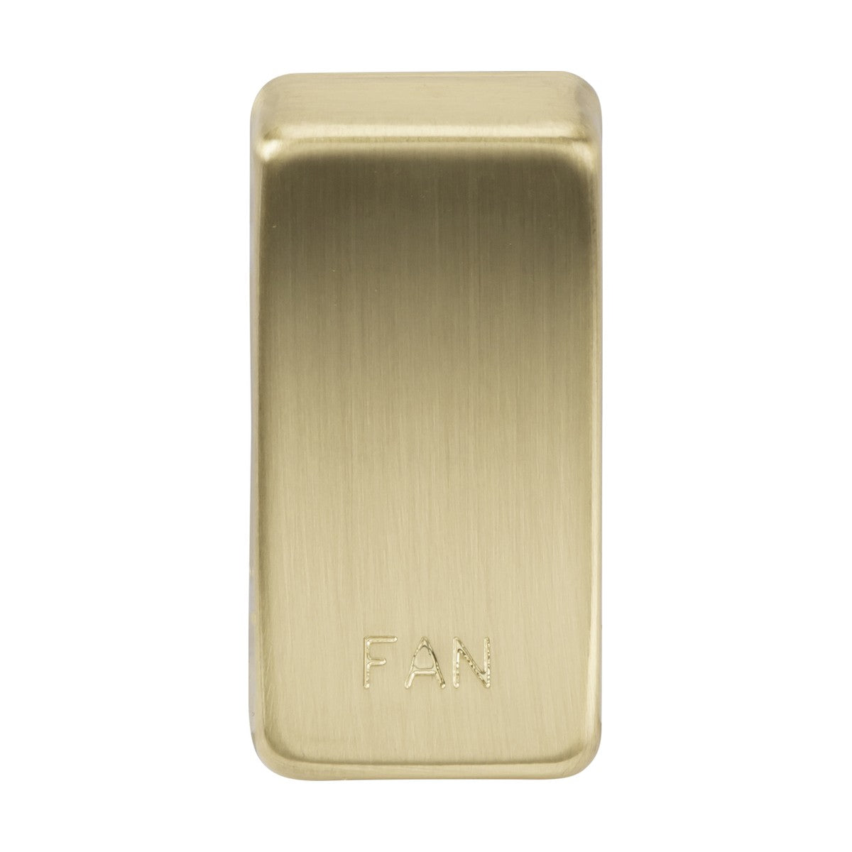 A rectangular rocker cover switch plate featuring brushed brass with rounded edges, engraved with "Marked FAN" at the bottom center.