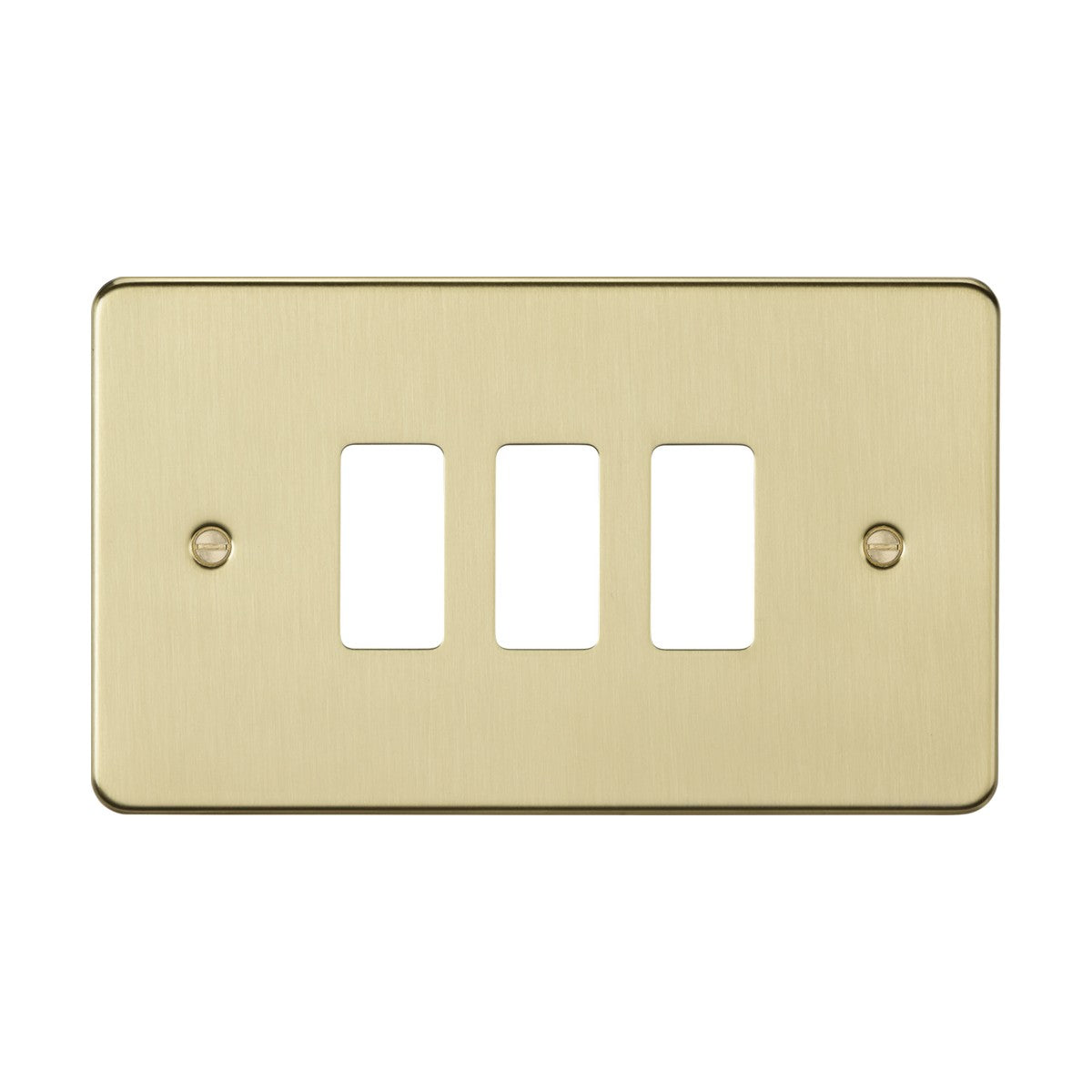 The 3 Gang Grid Faceplate in brushed brass provides a sleek, modern touch with its rectangular design featuring three vertical openings. It is crafted with a flat plate grid and is mounted using two screws, one on each side, making this fixture an ideal blend of style and function for any premium-grade setting.