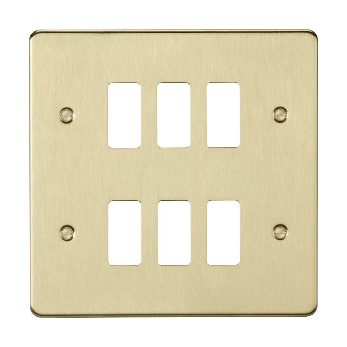 The 6 Gang Grid Faceplate in Brushed Brass is crafted from premium-grade steel and designed for light switches or outlets, featuring visible screw holes for mounting. This flat plate offers a sleek and sophisticated finish.