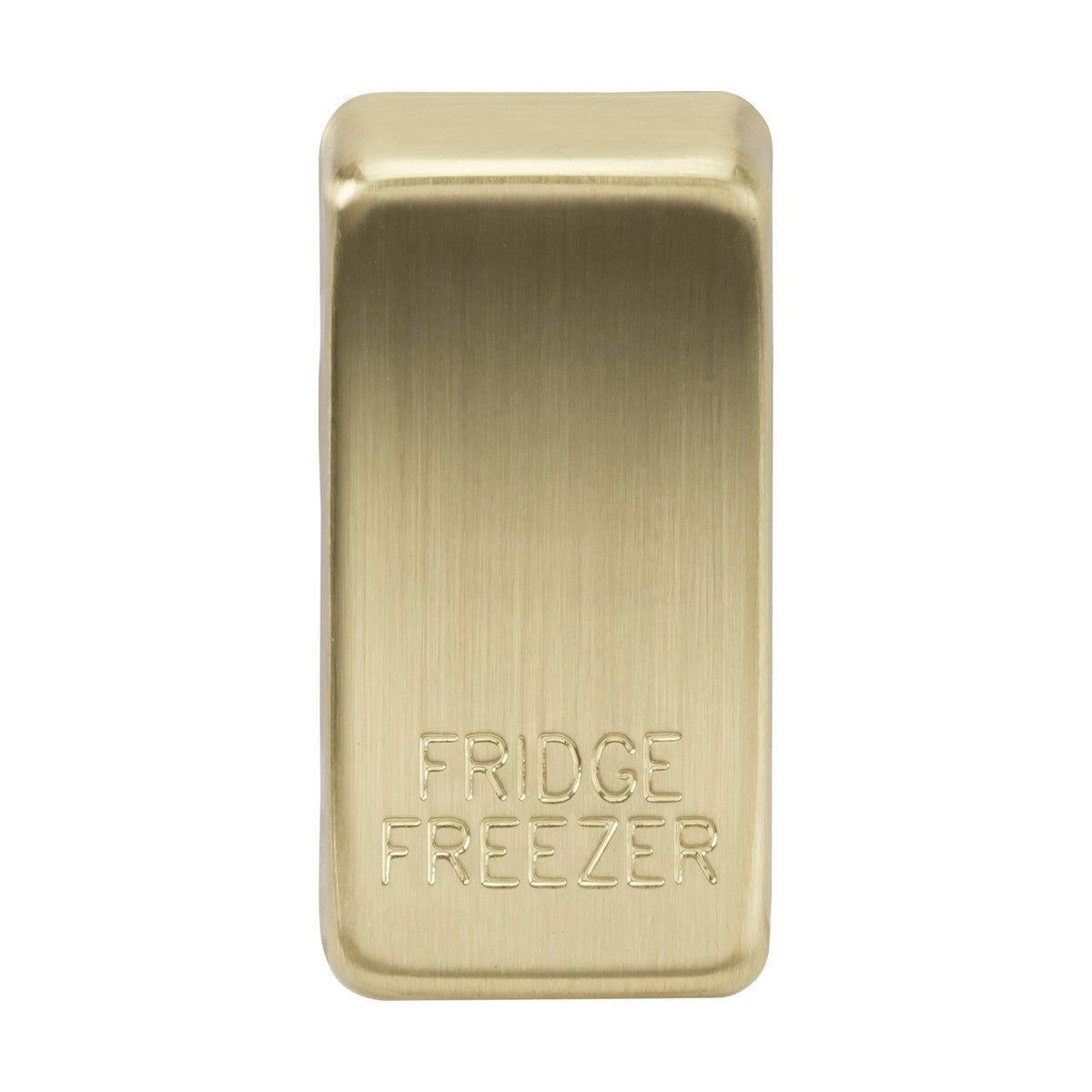 The Switch Cover "Marked FRIDGE FREEZER" in brushed brass is a rectangular switch with a smooth texture, making appliance control effortless and stylish with its rocker covers. It is clearly labeled with "FRIDGE" at the top and "FREEZER" at the bottom, featuring AB construction.