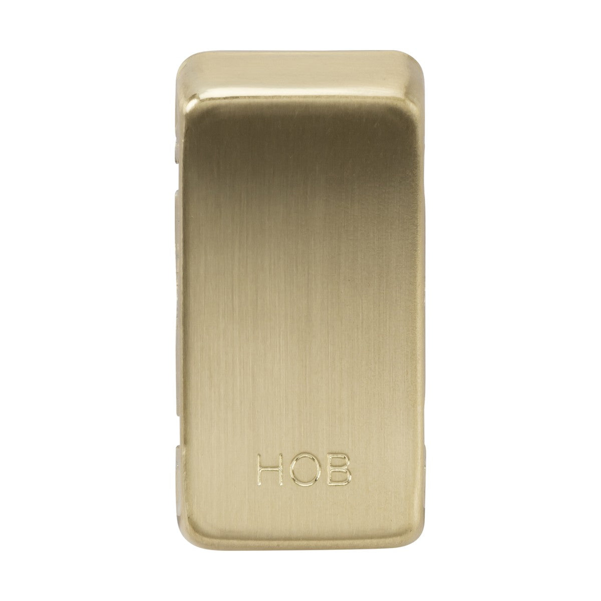 A rectangular object featuring the letters "HOB" with a sleek, brushed brass finish and smooth, rounded edges – embodying the versatile elegance often associated with interchangeable switch covers.