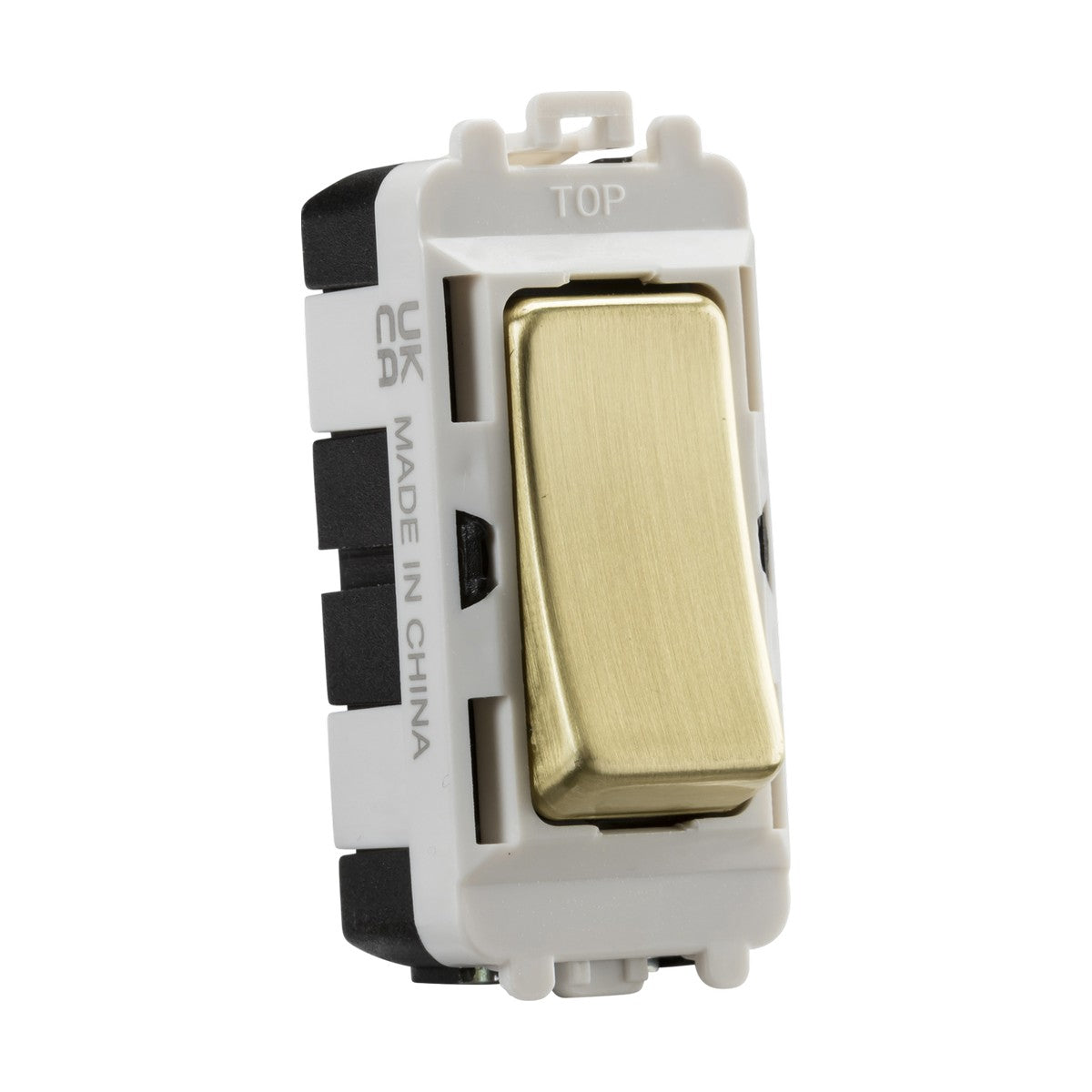 A close-up of a 20AX 2 Way SP Grid Module with a brushed brass-colored toggle from the Knightsbridge Grid system. The switch is mounted on a white casing featuring black sides and is labeled TOP and MADE IN CHINA.