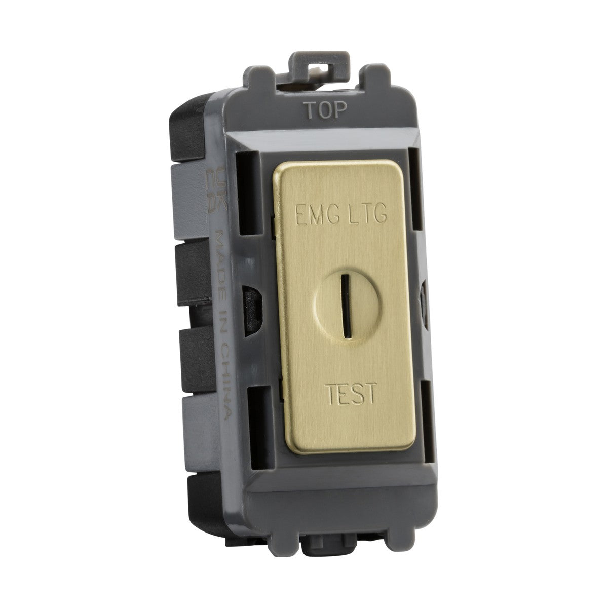 A close-up image of the 20AX DP Key Module, which is marked with EMG LTG and TEST, mounted on a gray and black panel. As part of the Knightsbridge Grid System, this module is engineered for emergency lighting testing. The panel features a luxurious brushed brass finish and bears the marking "MADE IN CHINA," adding an element of sophistication.