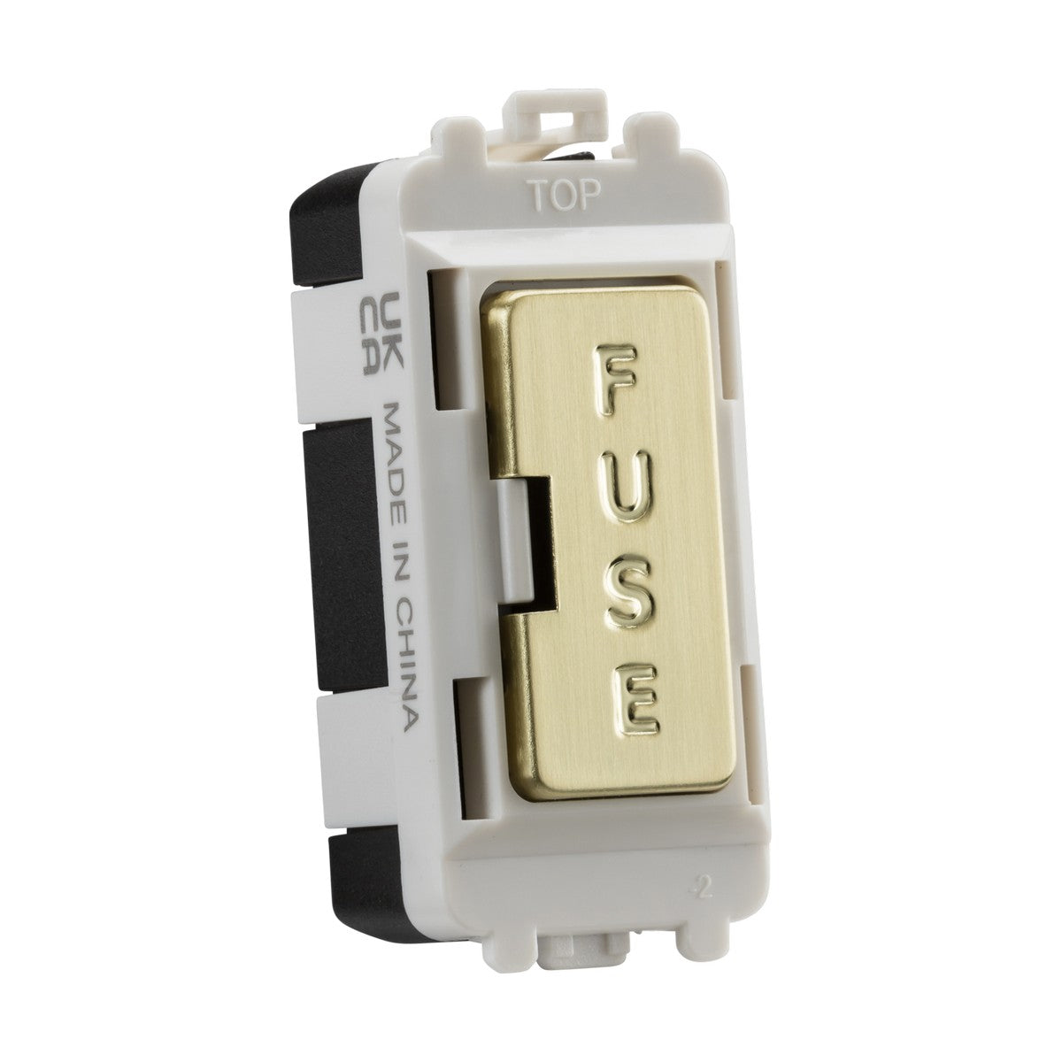 Close-up of a rectangular electrical fuse module labeled MADE IN CHINA and UKCA. The word FUSE is embossed on its metallic plate, designed for appliance protection circuits, and is compatible with the Knightsbridge Grid system. This is the 13A Fused Module in Brushed Brass.