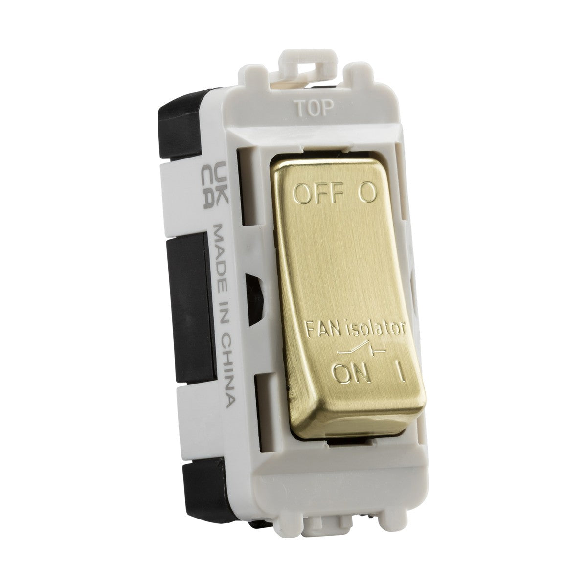The 10A Fan Isolator Module in brushed brass has OFF and ON labeled on the front. It features an off-white casing with black sides and integrates seamlessly into any grid system. "MADE IN CHINA" and "TOP" are printed on it for easy identification.