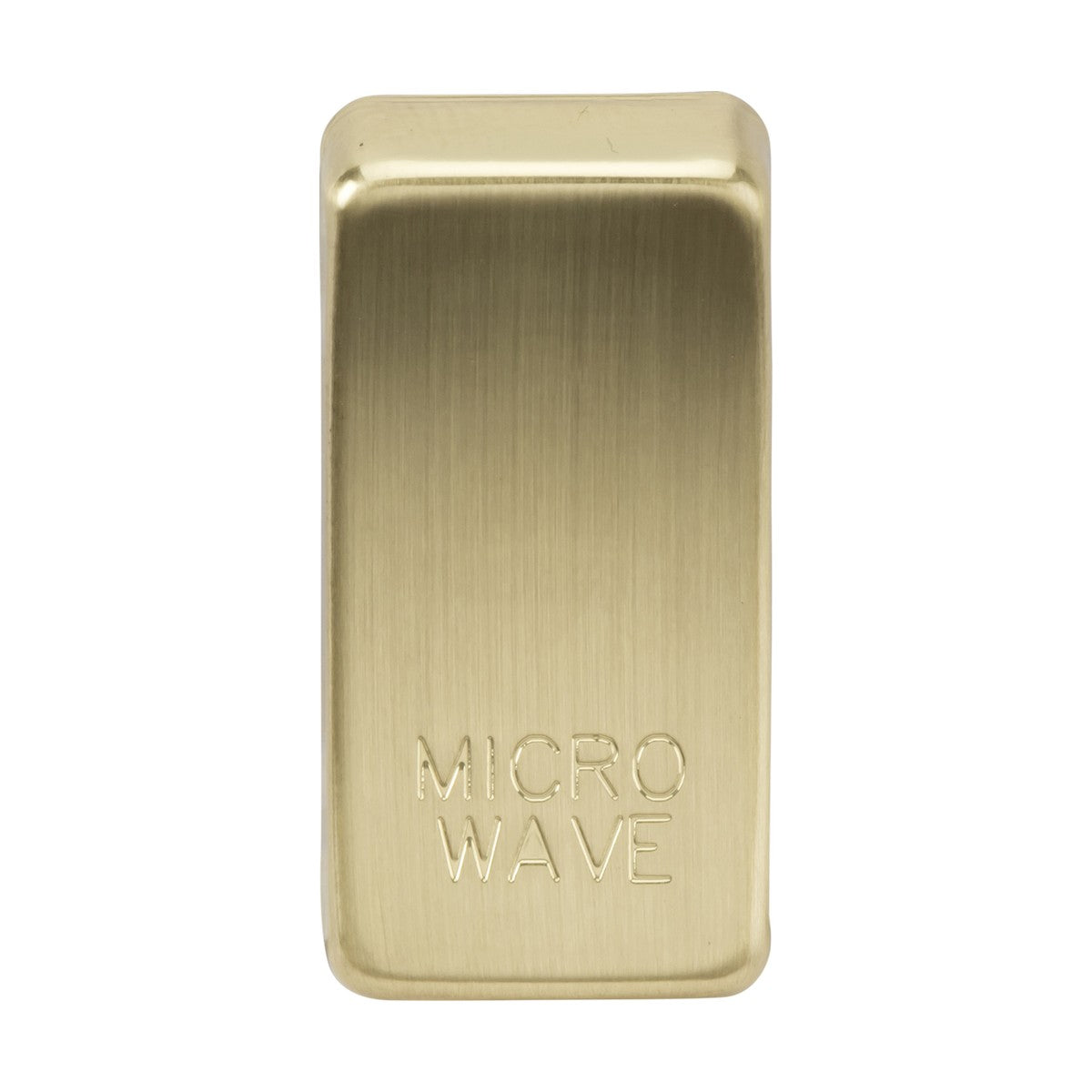 A rectangular object in a gold hue featuring a sleek, brushed brass finish with "MICROWAVE" engraved on its surface.