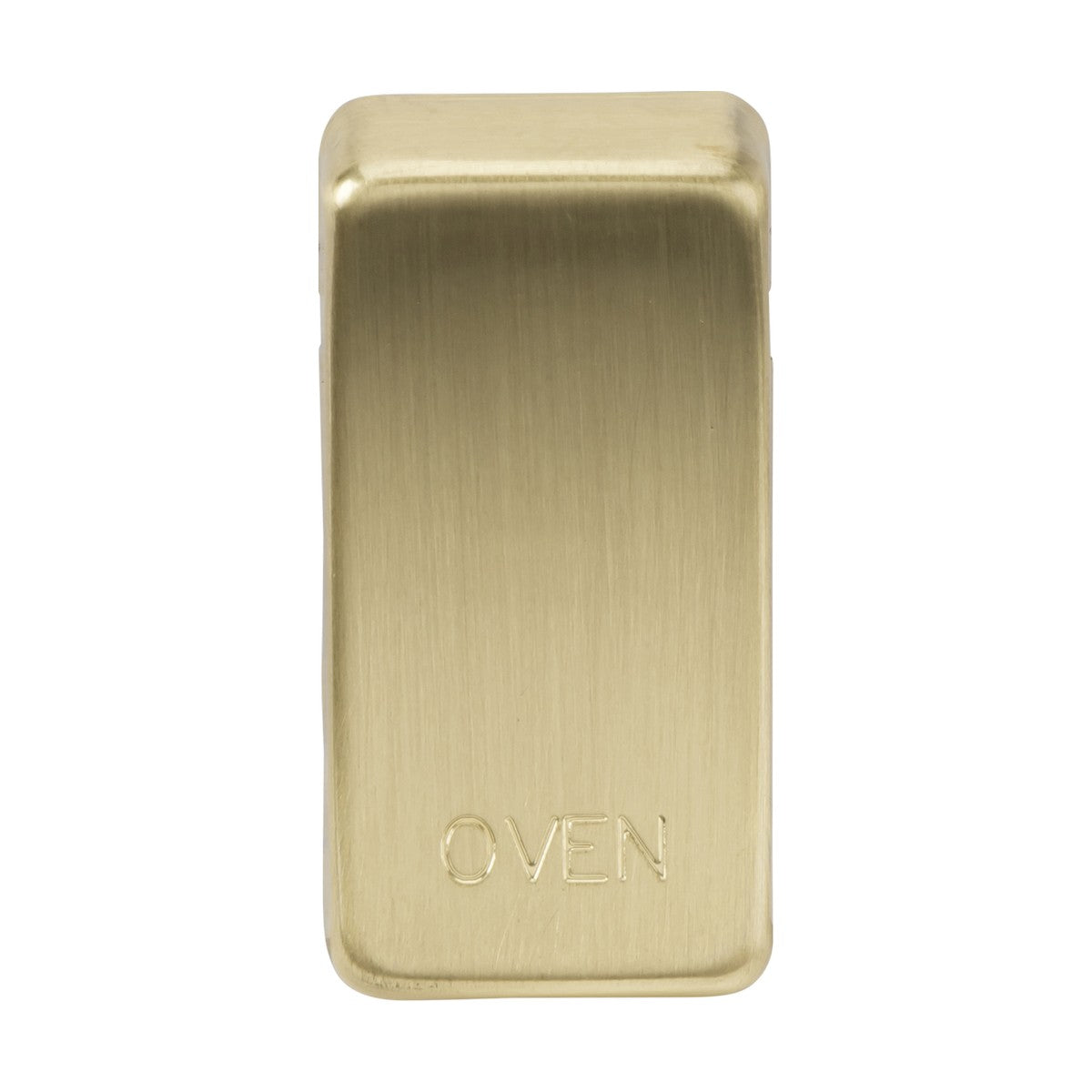 Introducing the Switch Cover "Marked OVEN" - Brushed Brass: This rectangular cover features a smooth, matte finish in brushed brass, reminiscent of luxurious rocker designs. Its elegant engraving of the word OVEN at the bottom makes it a functional and stylish enhancement to your kitchen decor.