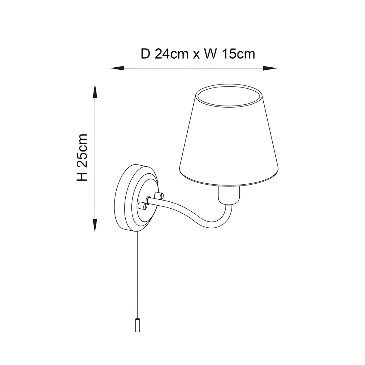 Endon Bevton bathroom wall light dimension diagram showing 25cm height, 24cm depth and 15cm width, with curved arm, tapered shade and pull cord.