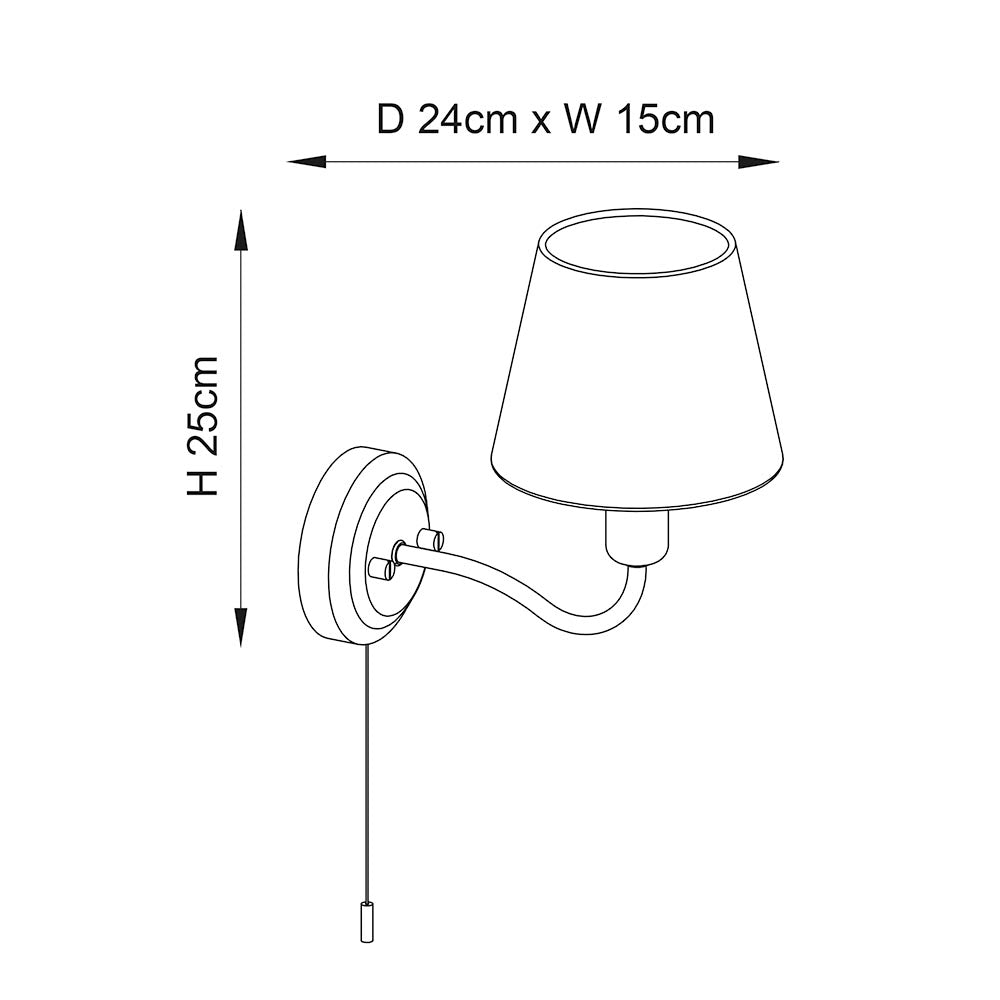Technical line drawing of the Endon Bevton bathroom wall light with tapered shade and pull cord, labelled 25cm high and 24cm by 15cm.