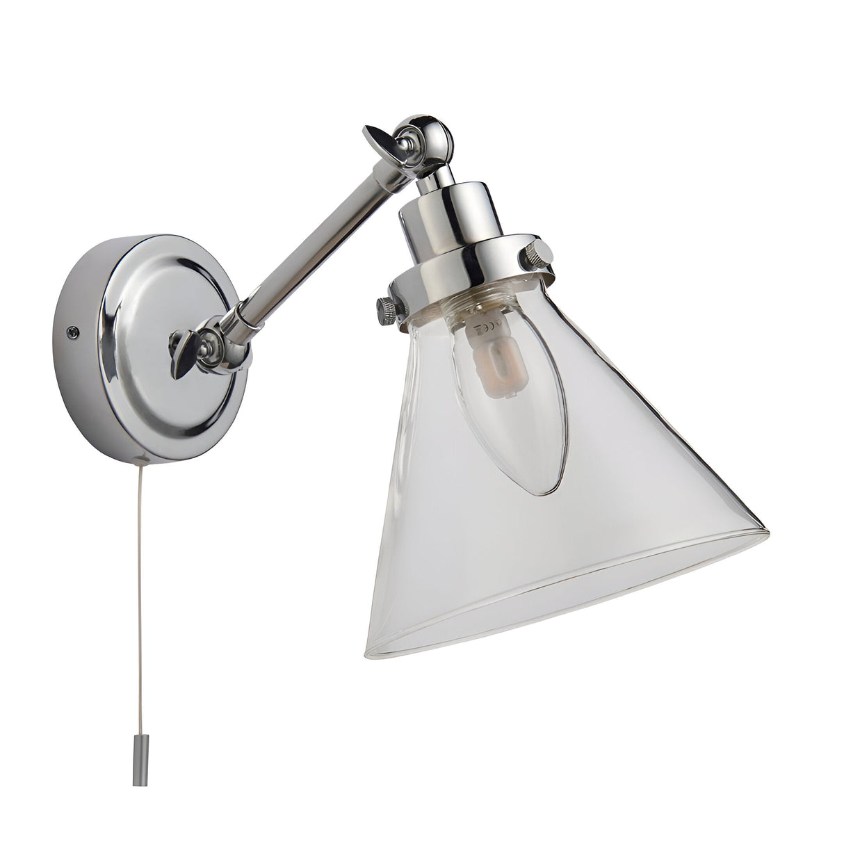 Endon Brackwood bathroom wall light in chrome with adjustable arm, clear glass cone shade, and pull cord switch, shown on a plain white background.