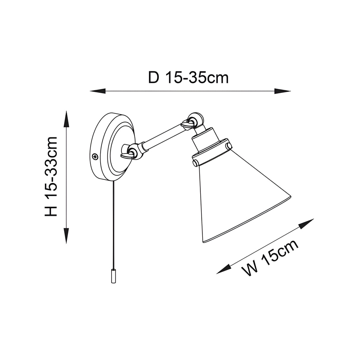Dimension diagram of the Endon Brackwood bathroom wall light showing adjustable height 15-33cm, projection 15-35cm, and width 15cm.