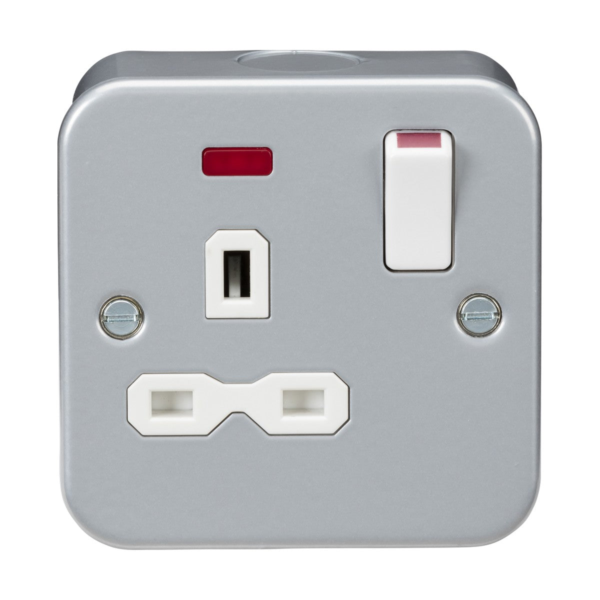 The Metal Clad 13A 1 Gang DP Switched Socket Neon is a sleek silver double pole switched socket with a power switch and two plug sockets. Constructed from premium grade steel, it features a red indicator light above the sockets for reliable performance. The convenient positioning of the switch on the right side enhances its design.