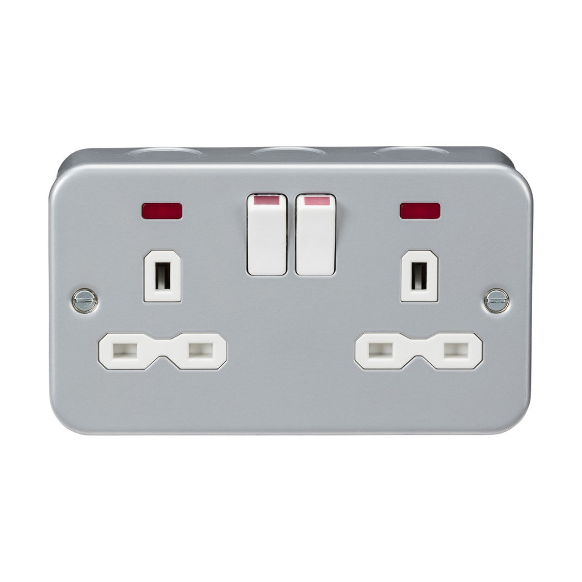 The Metal Clad 13A 2 Gang DP Switched Socket Neon is a metal double electrical wall socket made from premium grade steel, featuring two switches. Each switched socket includes three rectangular pin slots and two red indicator lights above the switches. The modern design combines functionality with durability.
