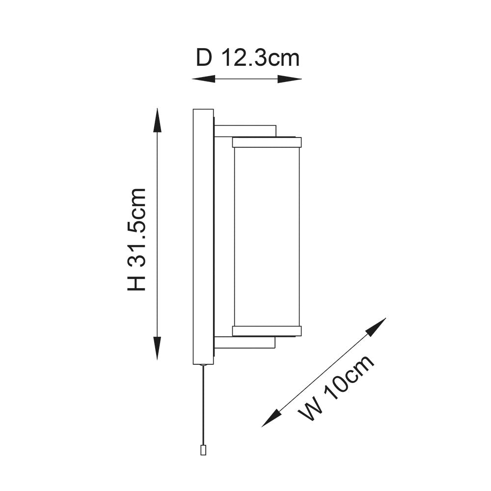 Dimension diagram of the Endon Cranfield bathroom wall light showing 31.5cm height, 10cm width, and 12.3cm projection on a white background.