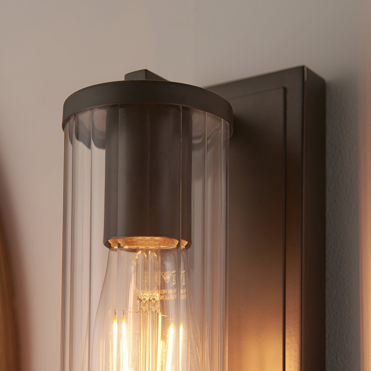Cranfield Bathroom Wall Light in bronze, close-up of ribbed clear glass tube shade with visible bulb, mounted on a rectangular metal back plate.