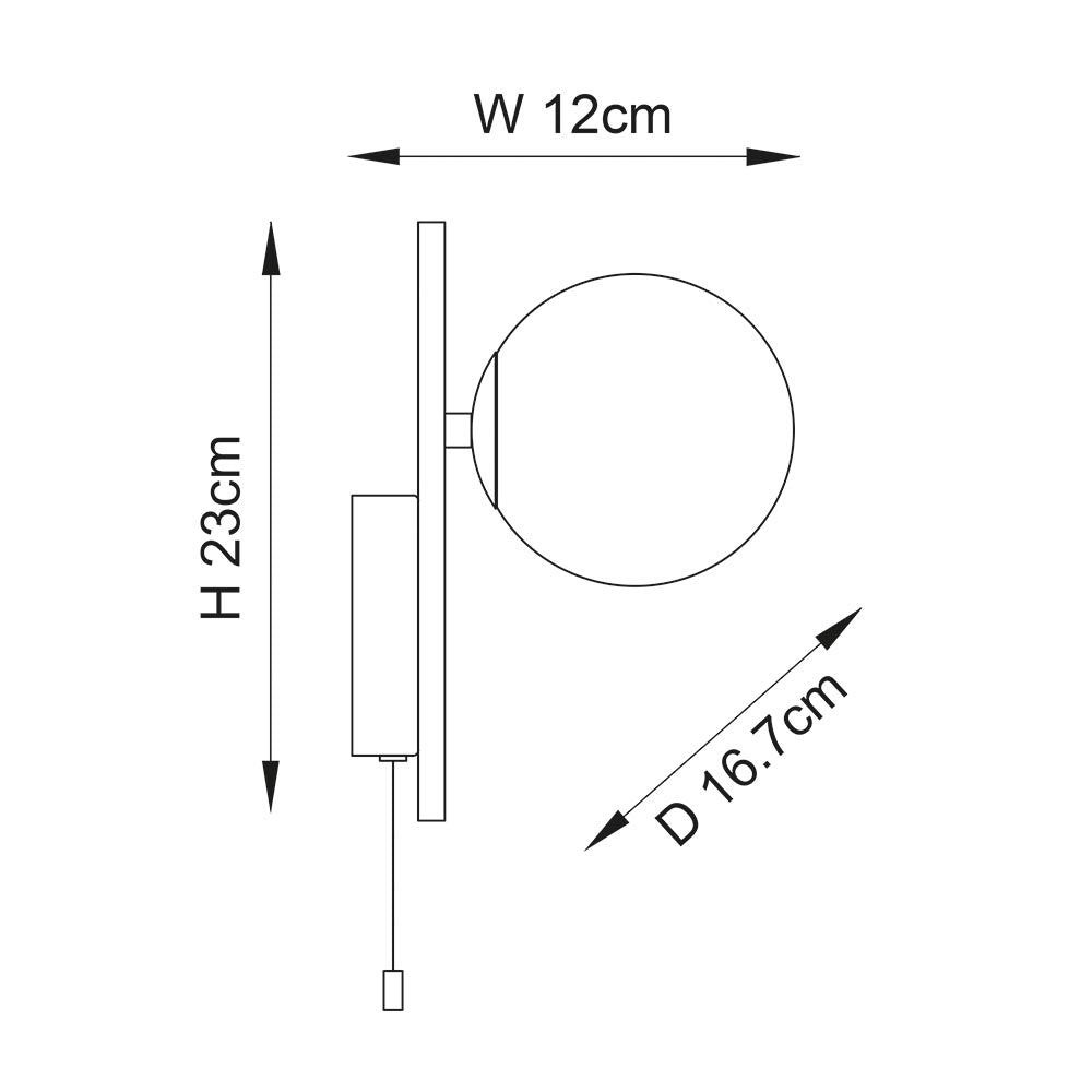 Technical line drawing of the black Kelham Bathroom Wall Light with round glass globe, rectangular back plate, pull cord, W12 x H23 x D16.7cm.