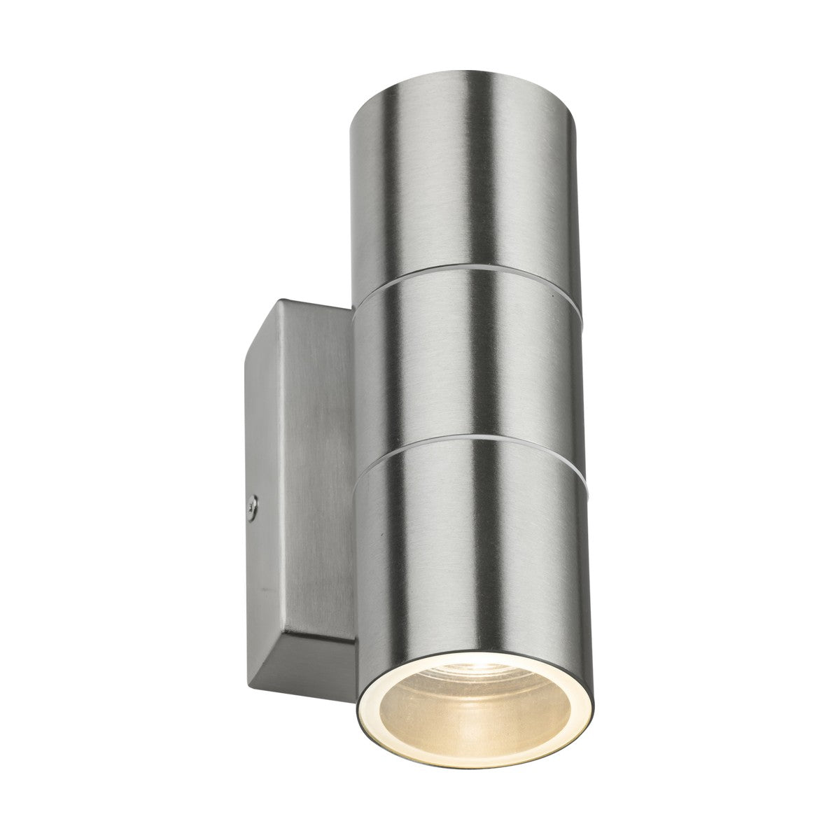 Introducing the Outdoor Up & Down Wall Light With Photocell Sensor in brushed chrome, featuring a modern cylindrical design with a round spotlight base mounted on a sleek rectangular bracket. Its minimalist style is perfect for contemporary interiors and adaptable for outdoor lighting.