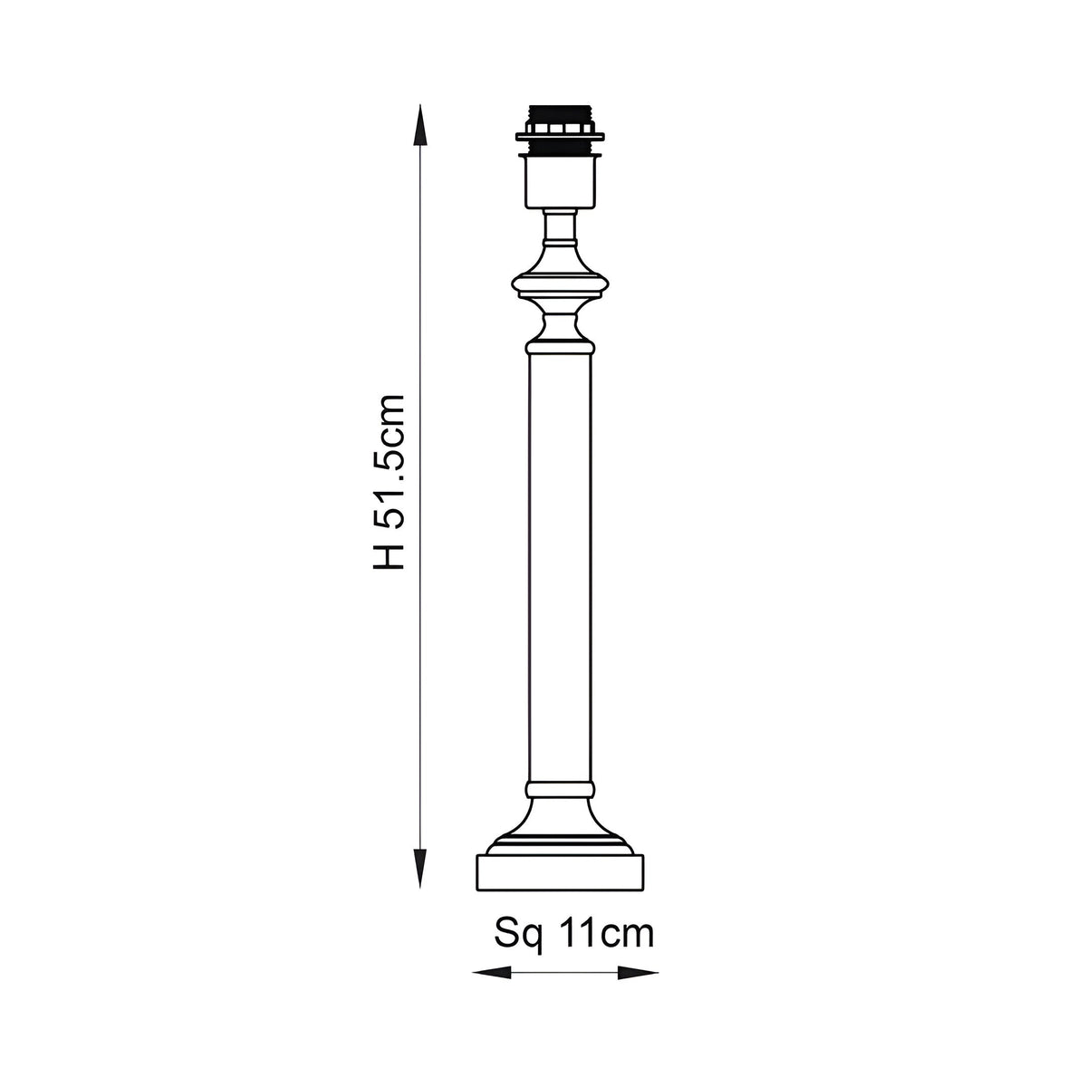 Dimension diagram of the Endon Aldmont table lamp base showing a height of 51.5cm and an 11cm square footprint.