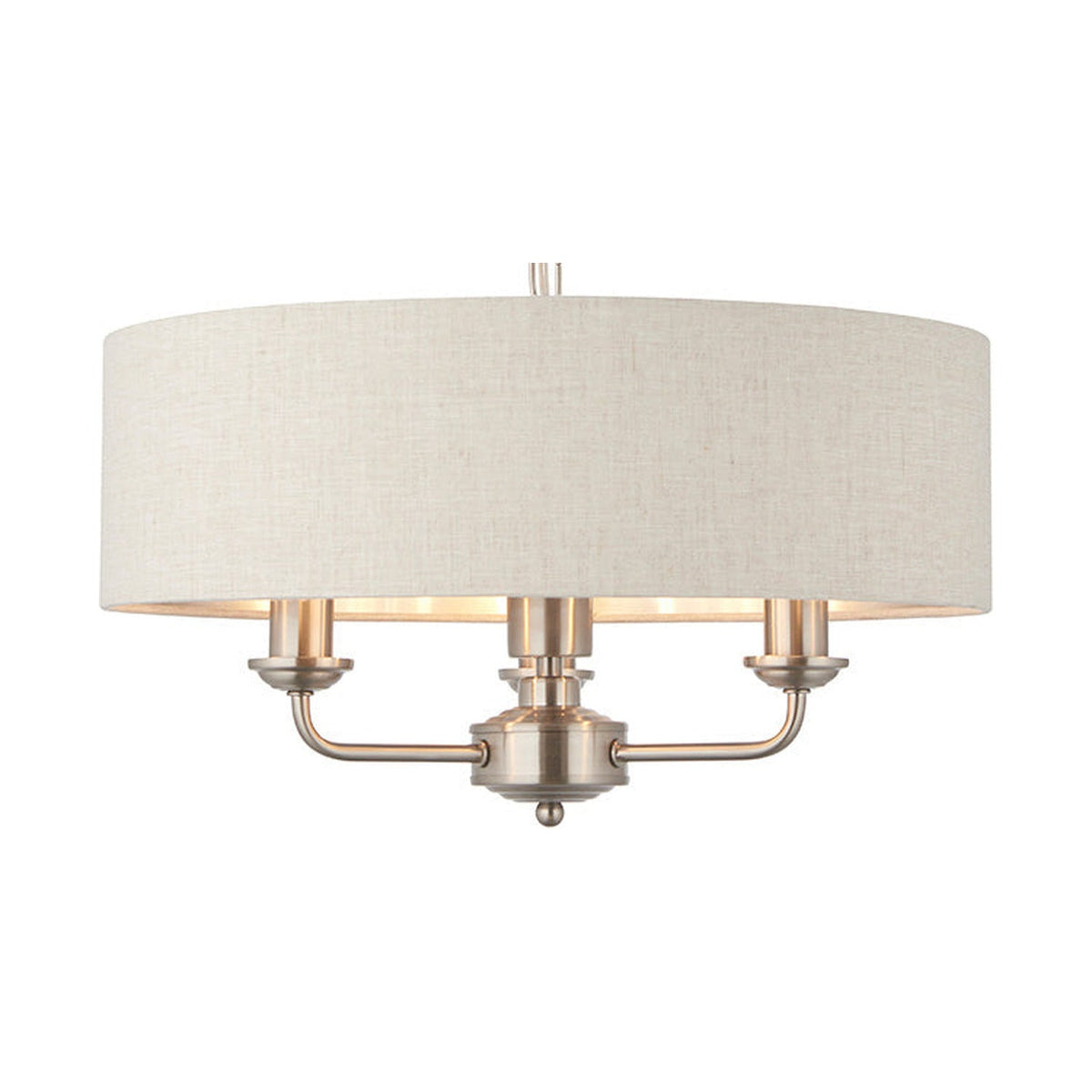 Brenley 3-Light Pendant with round linen drum shade, brushed nickel finish, three candle-style bulb holders, and chain suspension on a white background.