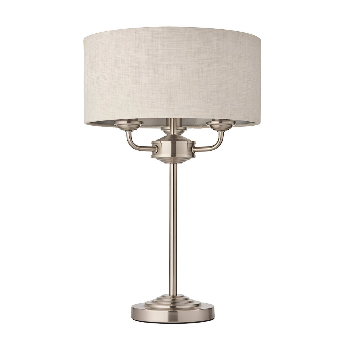 Endon Brenley 3 light table lamp with brushed chrome metalwork, slim stem, and natural linen drum shade, shown on a plain white background.