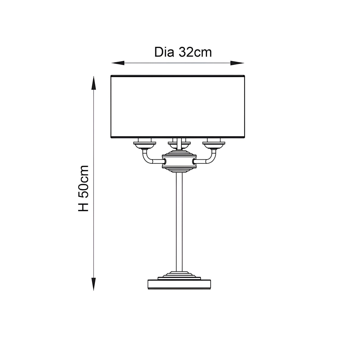 Endon Brenley 3 Light Table Lamp dimension diagram showing 50cm height and 32cm shade diameter on a white background.