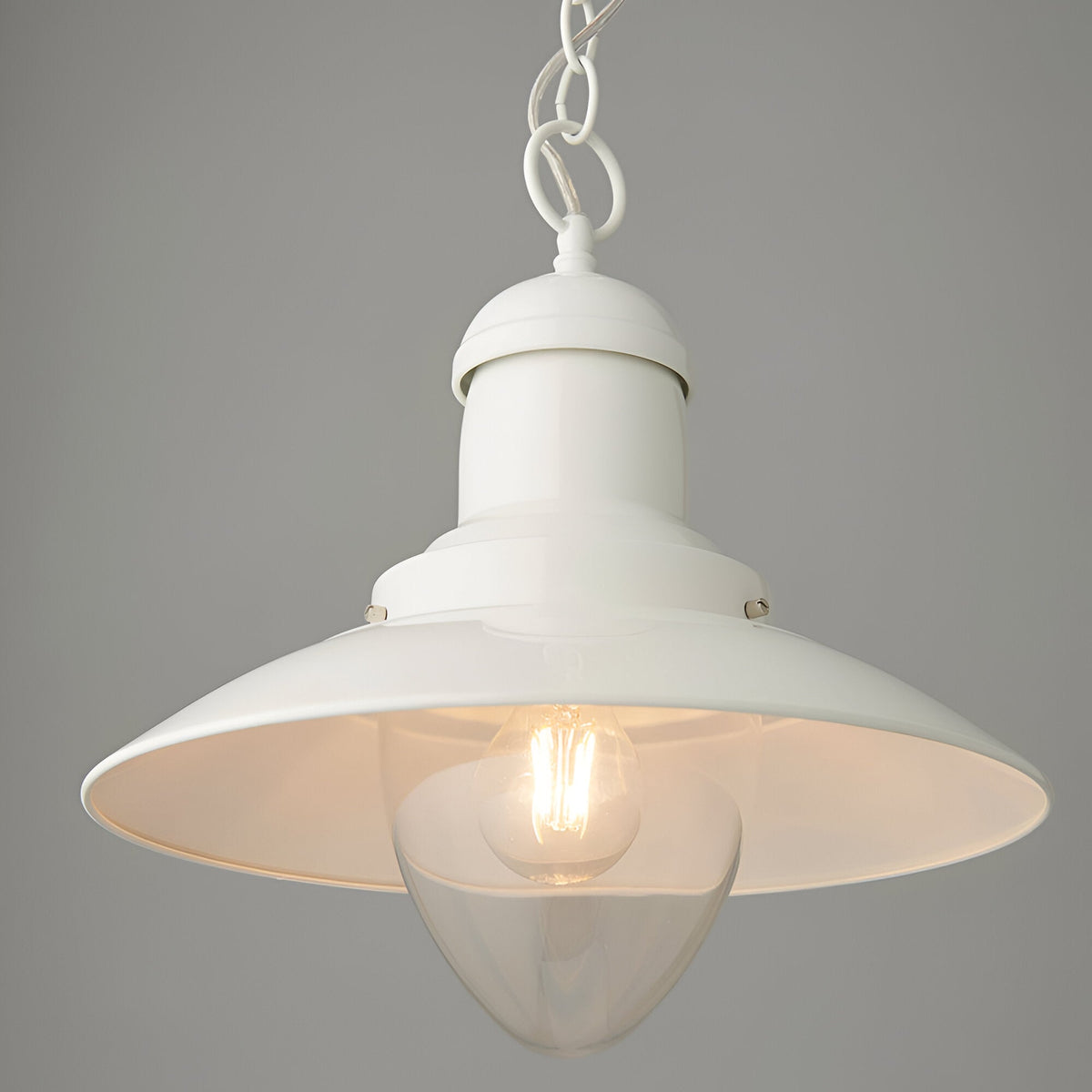 Endon Chartford cream gloss metal pendant light with flared shade, clear glass cover and exposed E27 bulb on white chain, against a grey background.