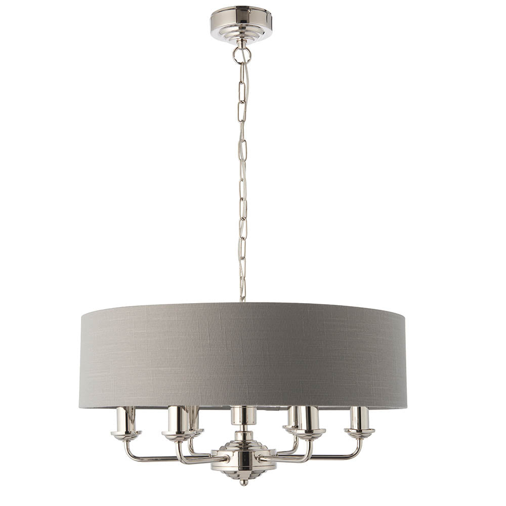 Endon Brenley V2 6-light pendant with a large grey linen drum shade and nickel and chrome arms on a chain suspension, shown on a white background.
