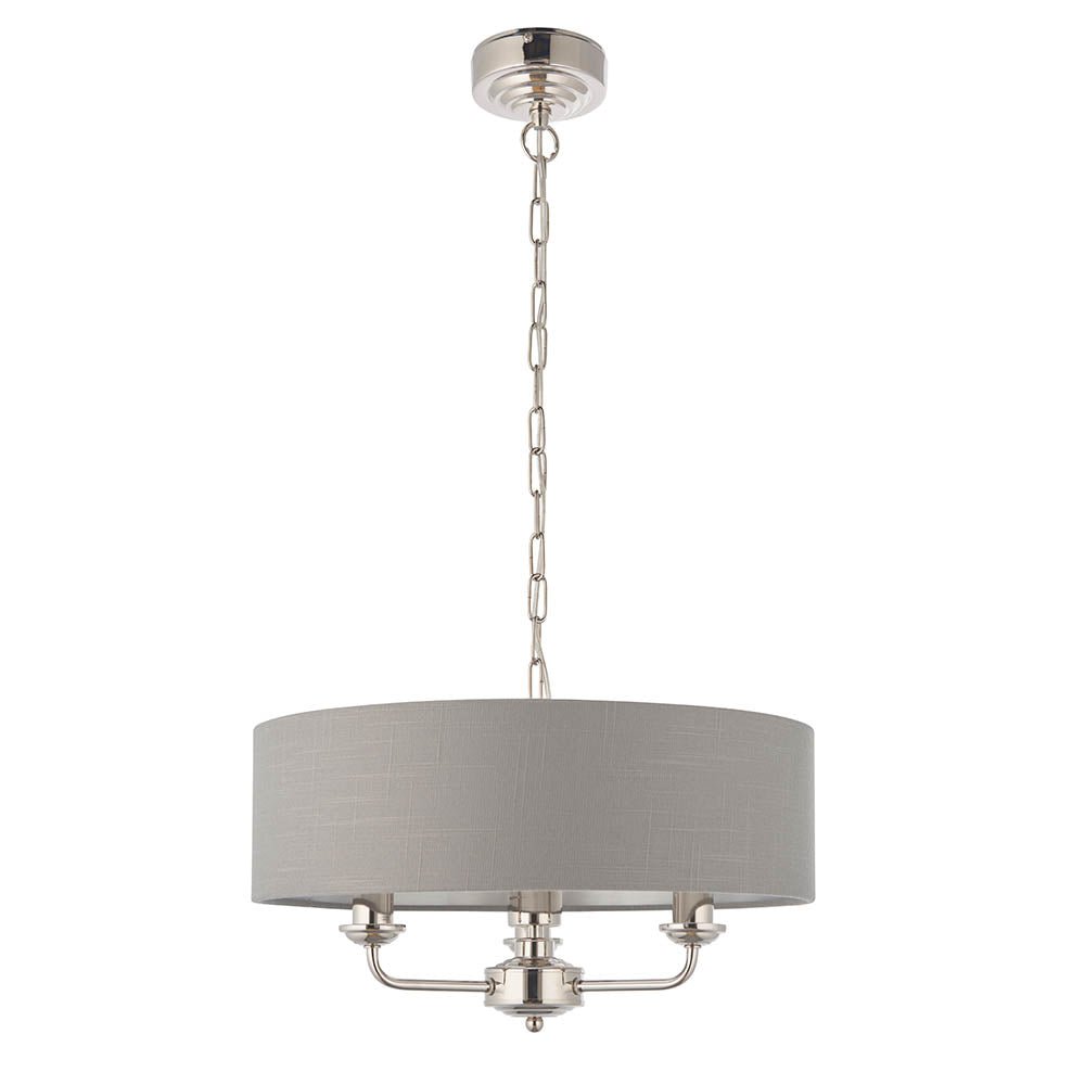 Endon Brenley V1 3 light pendant with a grey linen drum shade, nickel three-arm fitting and suspension chain, shown on a plain white background.