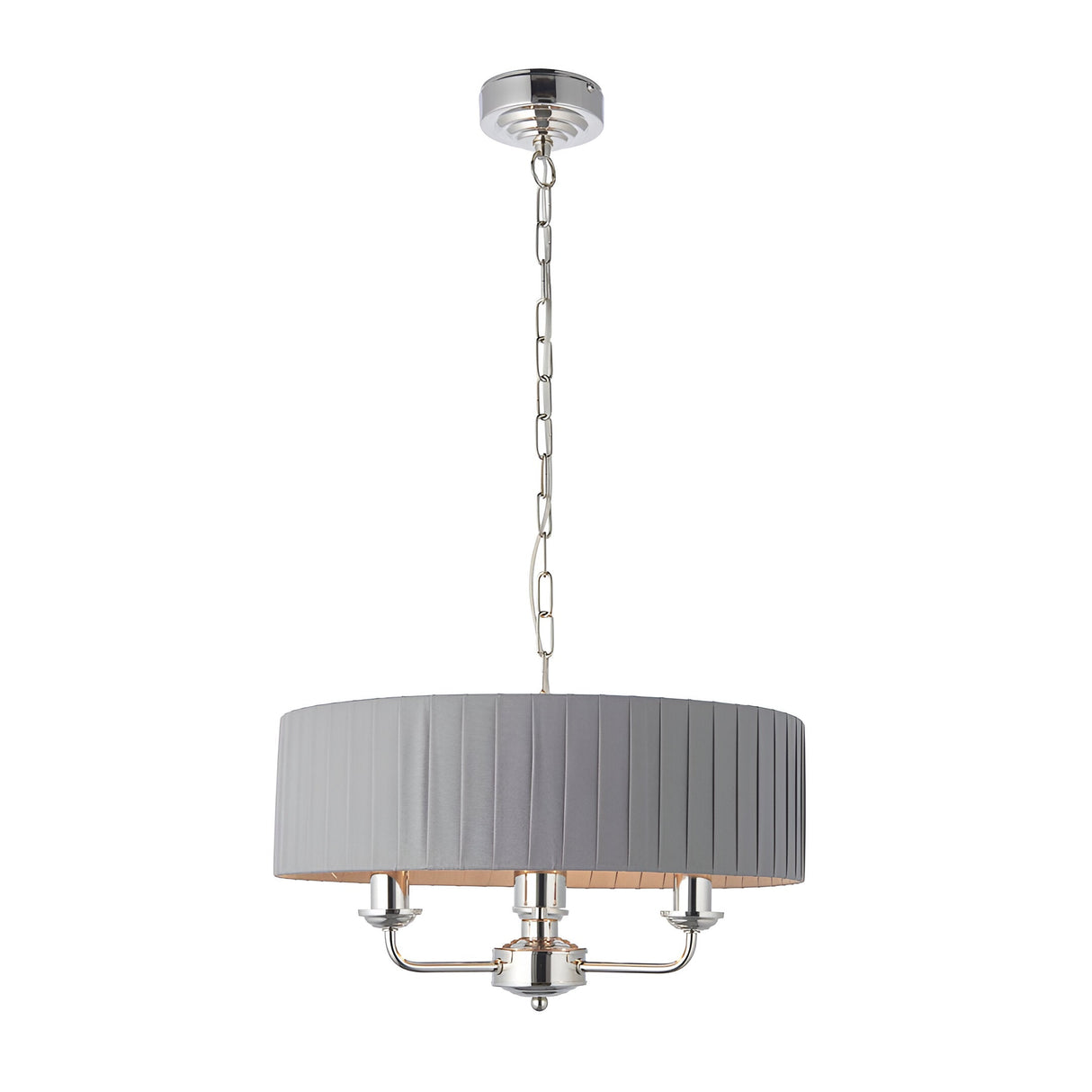 Brenley V2 3 Light Pendant with grey pleated fabric drum shade, nickel chain suspension and three-arm candle-style fitting, shown on a plain white background.