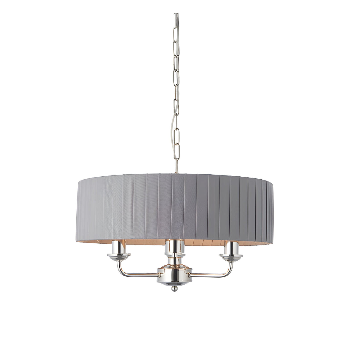 Brenley V2 3 Light Pendant in nickel with a pleated grey fabric drum shade, three exposed candle-style arms, and a chain suspension on a plain white background.