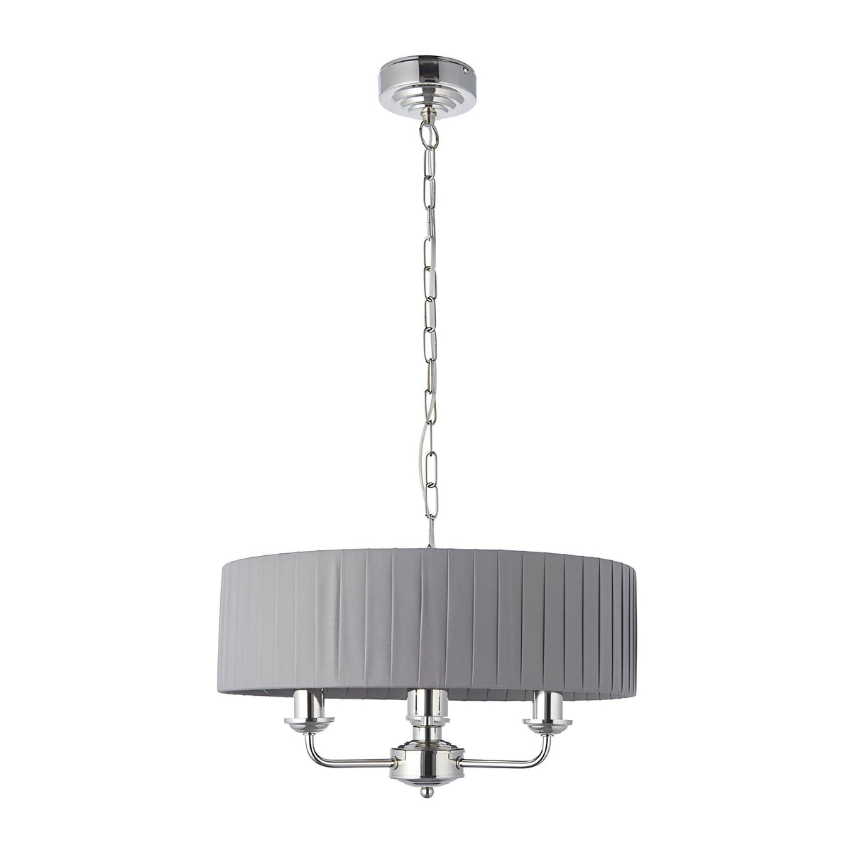 Brenley V2 3-light pendant with pleated grey fabric drum shade, nickel ceiling rose, chain suspension, and three-arm chrome fitting on a white background.