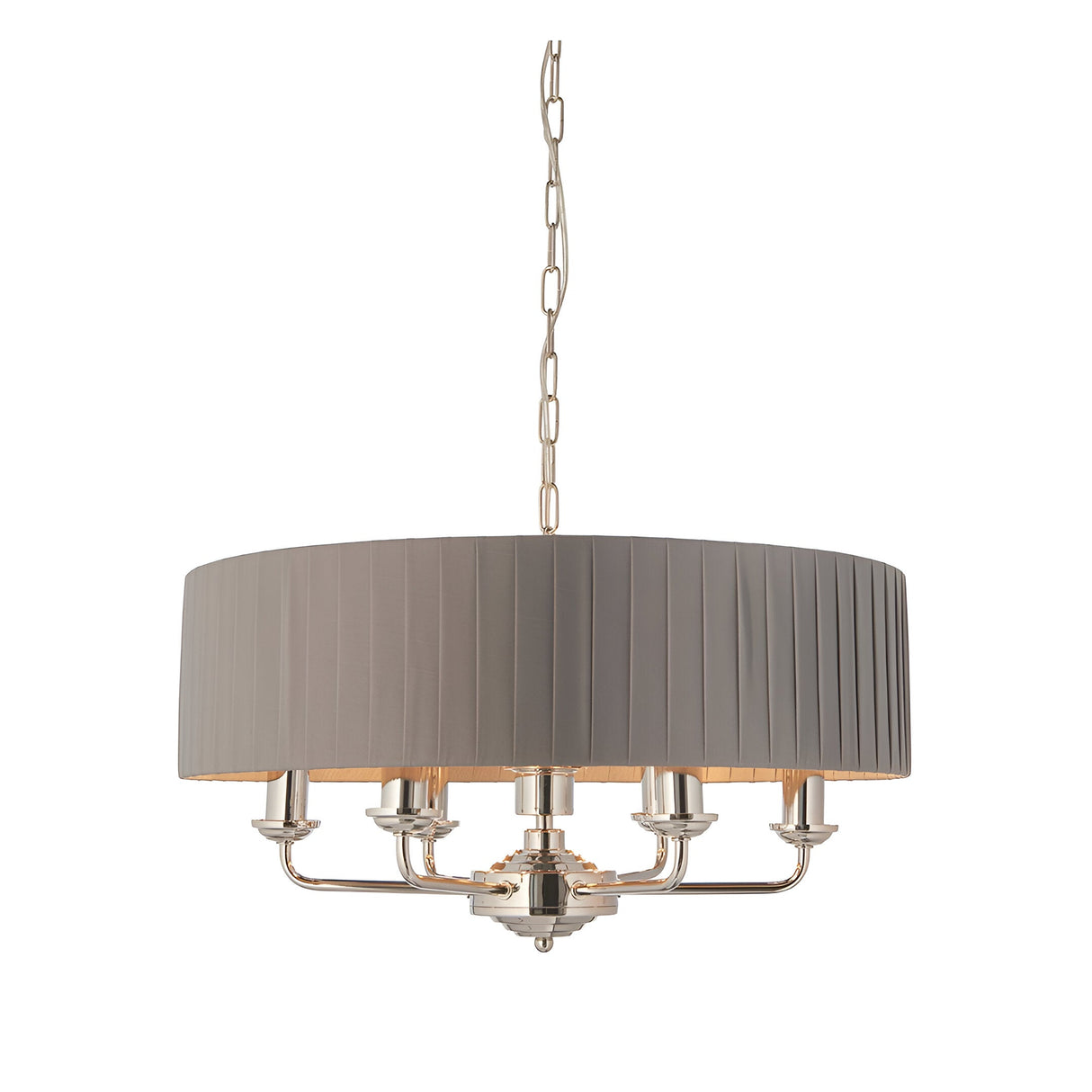 Brenley V1 6 light pendant with a pleated grey fabric drum shade and six nickel candle-style arms, hung on a chain, shown on a plain white background.
