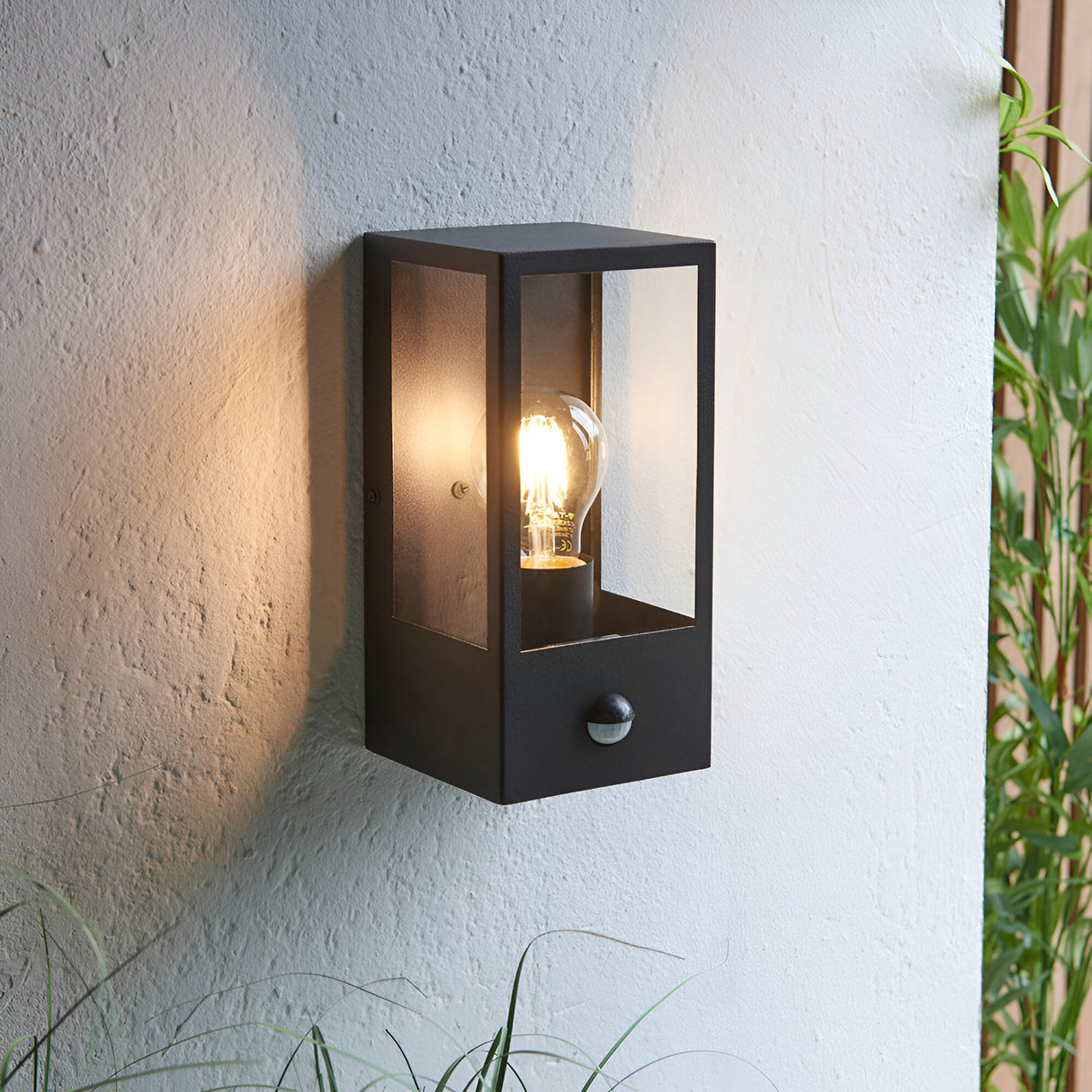 Castwood outdoor wall light in matt black steel with clear glass panels and PIR sensor, shown lit on a textured wall beside greenery.