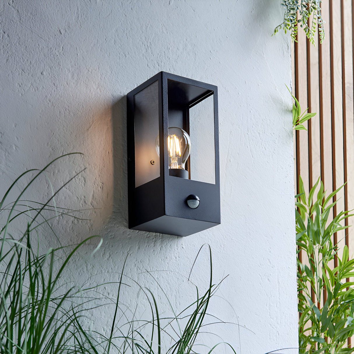 Castwood outdoor wall light in matt black steel with clear glass panels and PIR sensor, shown lit on a light grey wall among plants.