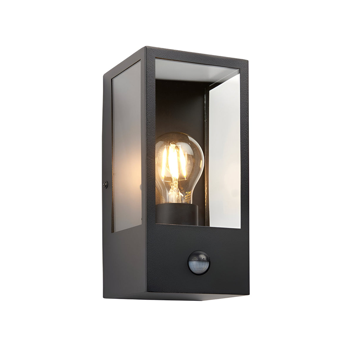 Castwood outdoor wall light in matt black steel with clear glass panels, exposed bulb, and integrated PIR sensor, shown on a white background.