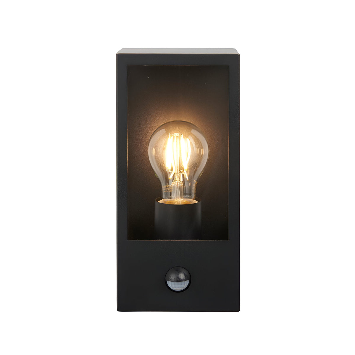 Castwood outdoor wall light in matt black steel with clear glass panels, exposed bulb, and integrated PIR sensor, shown on a plain white background.