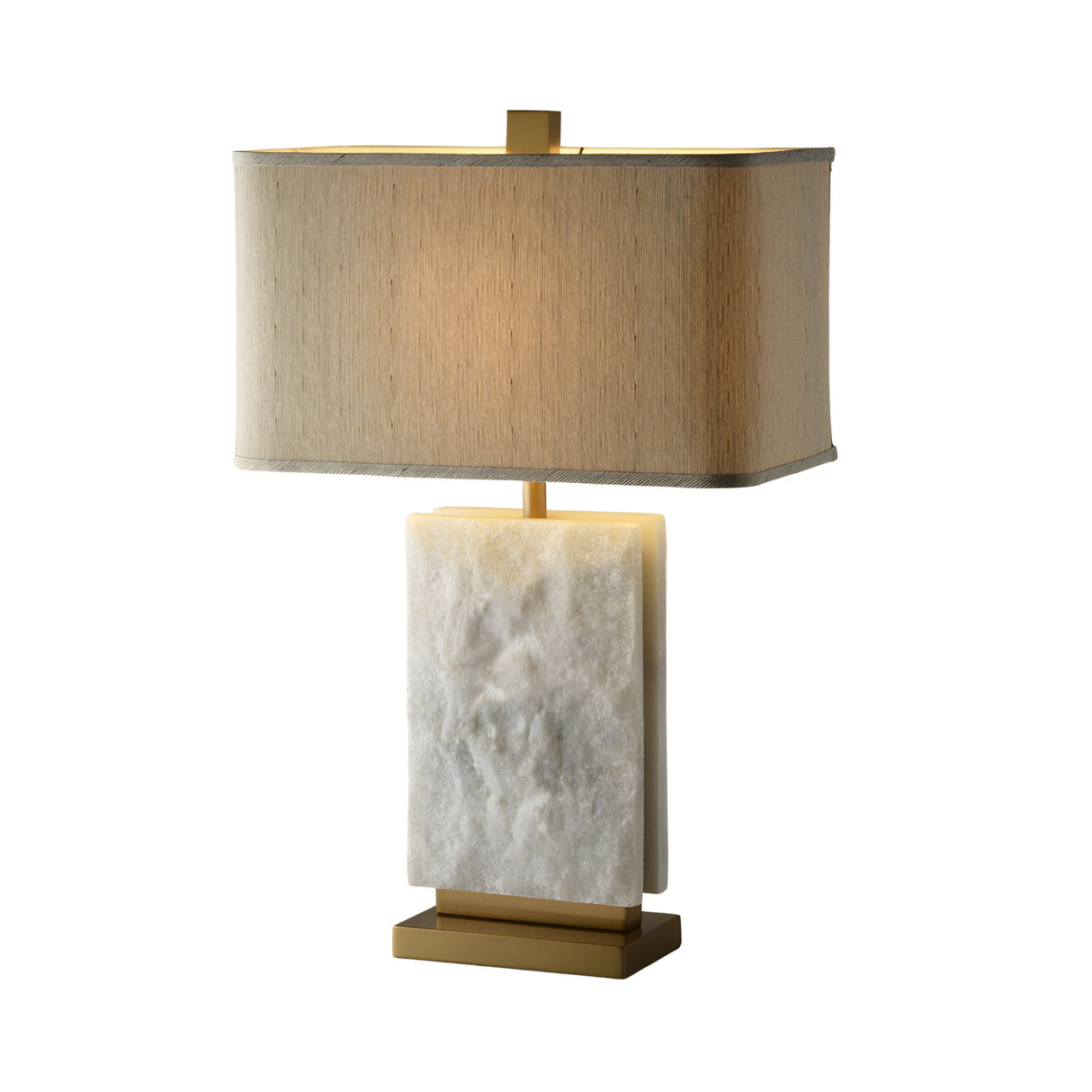 The Axis 1 Light Alabaster Table Lamp features a brass finish, soft white alabaster, a rectangular beige fabric shade, a white marble base, and gold accents, shown against a plain white background.