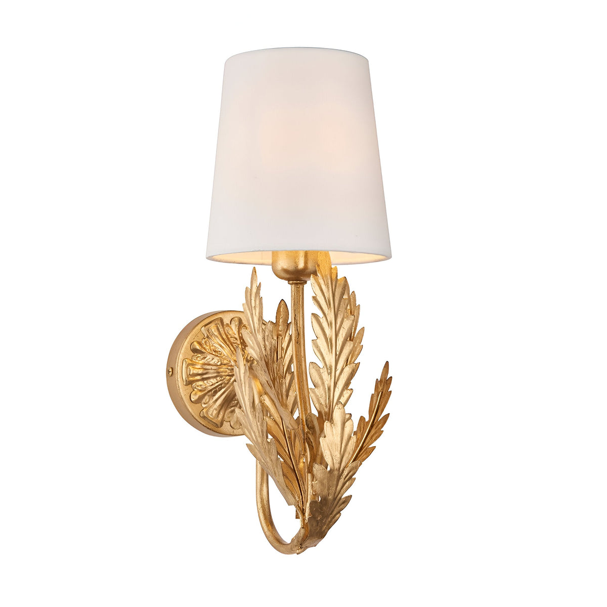 Colette Wall Light in gold leaf finish with layered leaf details and a cream fabric shade, shown on a plain white background.