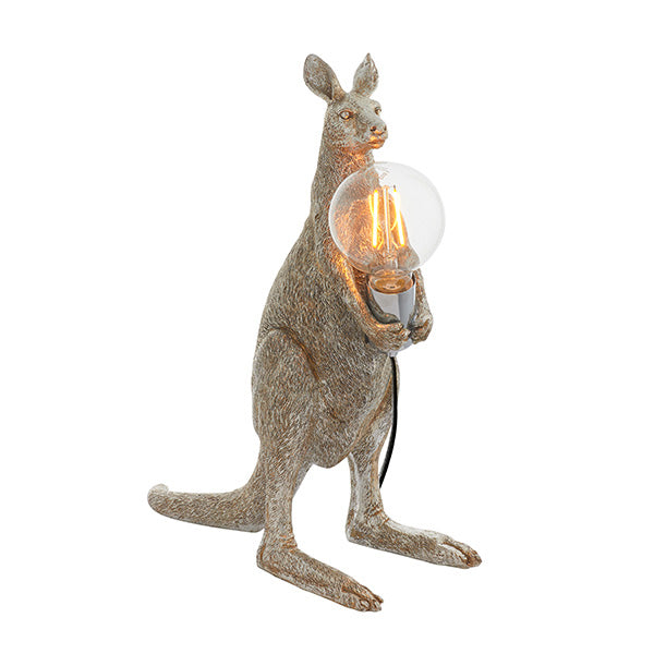 Endon Brockgrove kangaroo table lamp in vintage silver resin, holding a chrome E27 lamp holder with exposed filament bulb, on a plain background.